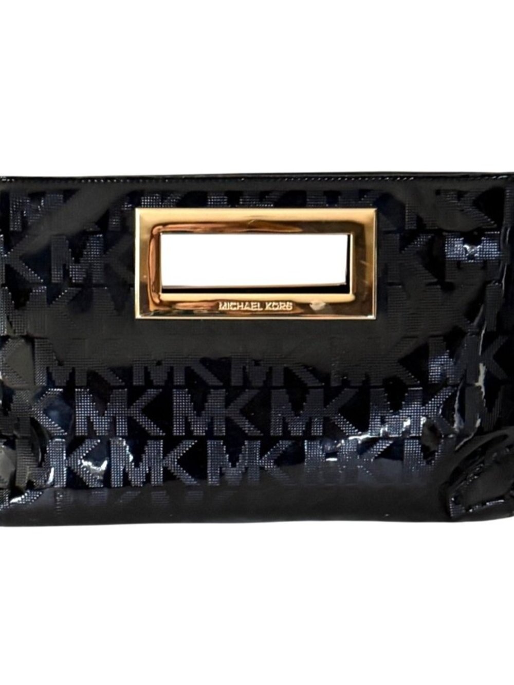 Michael Kors Black Patent Leather Berkley Clutch Hand Bag Logo Gold Tone Trim